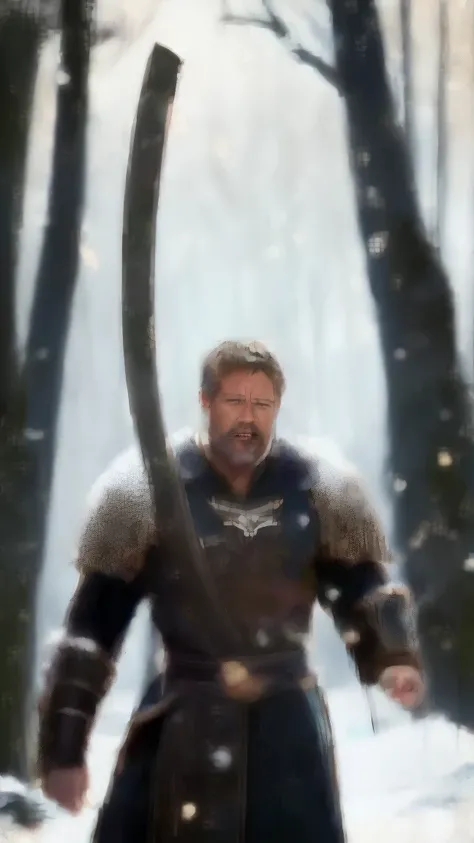 russell crowe as gladiator with big sword in the snow forest hiper realistic strong cinematrographic pic super high quality