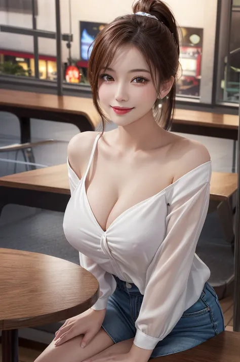 Tabletop, Highest quality, figure, Super detailed, In detail, High resolution, 8k wallpaper, Perfect dynamic composition, Beautiful attention to detail, ponytail,Big breasts Natural color Lips, Sexy pose,smile,Harajuku、25-year-old woman、Beautiful woman、Loo...