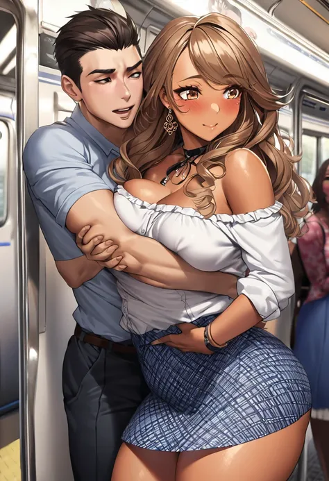 ,hyperrealistic smooth anime,adult curvy gyaru,tanned gyaru,young casual boy holding woman in arms from behind,standing,boy grabbing her breasts,dark brown hair,earring,off-the -shoulder plain blouse,patterned short skirt,man groping woman,(blushed) and ha...