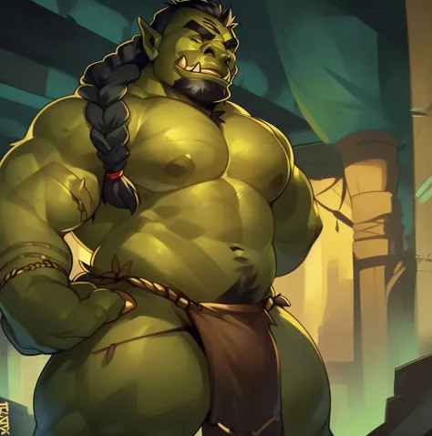 Solo, male (((orc, muscular, green body, black hair, braids, loincloth))) standing, full body, perfect anatomy, by darkgem, by mystikfox61, by glitter trap boy