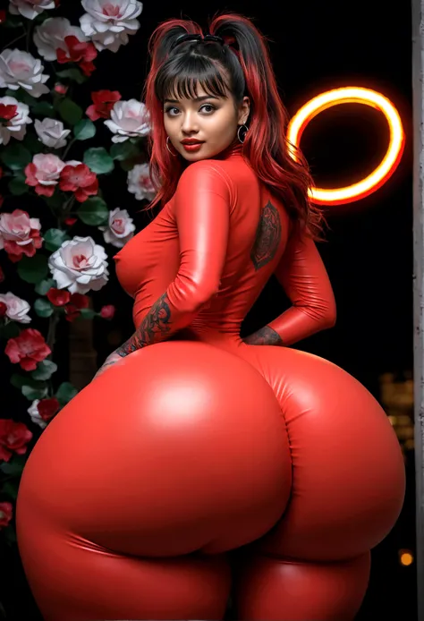 Beautiful woman with amazing body wearing a dark gray latex full body catsuit with red neon tattoos lit up like intense light, young woman, with her back to the camera showing a huge ass, Very slender waist, wide hip, night and urban scenery with bokeh and...