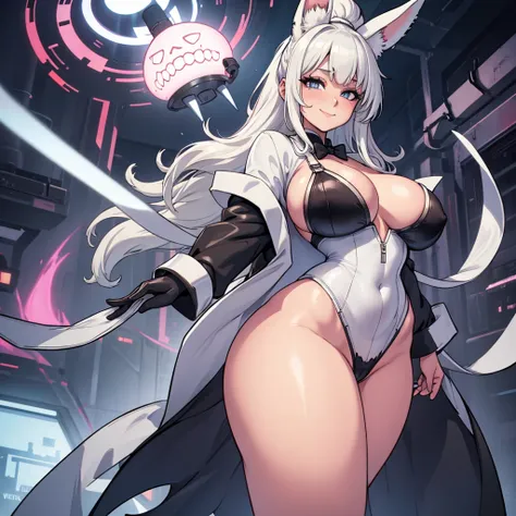 bunny girl, solo, white lab coat, grey eyes, long white hair, bushy ponytail, bushy bangs, full body, standing, full body shot, looking at viewer, shy smile, skindetantion, skindentation on breasts, seductive, huge hips, huge breasts, huge thighs, huge ass...