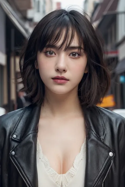 (award winning, 8k, super detailed, high resolution, best quality, photography, portrait), 1girl, solo, beautiful girl, beautiful eyes, detailed eyes, (black eye), jacket, short hair, black hair, street background, POV, ((upper body))