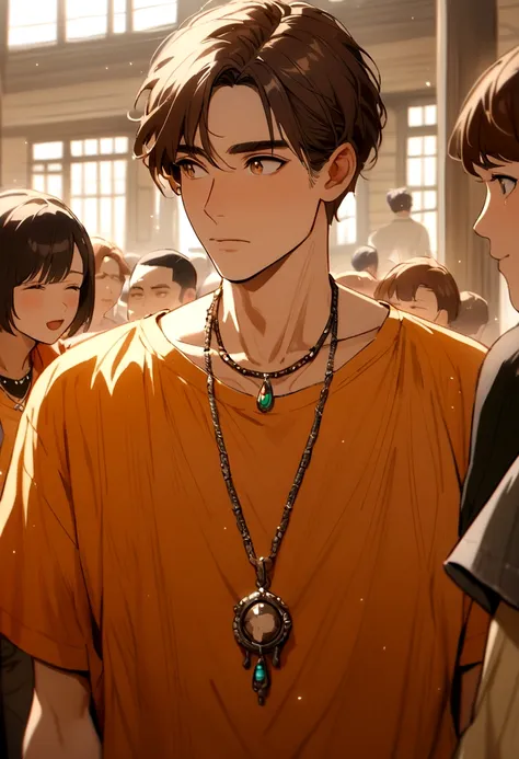 Tall boy, an orange shirt, brown hair and a necklace.