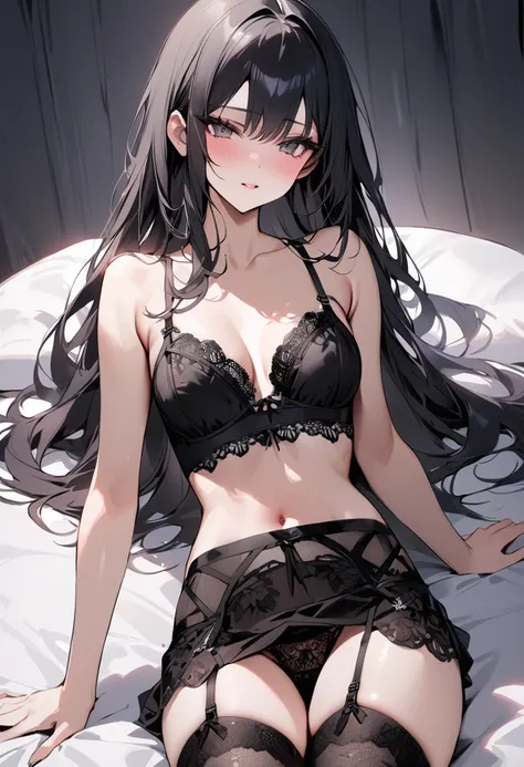 ((Top quality, masterpiece, freak, super resolution)), 1 girl, Japanese model,16 years old,Smooth black hair,The model is dressed in a daring (lace bra) with a white base and black floral lace overlay. The bra has a deep V-neckline and is decorated with wh...