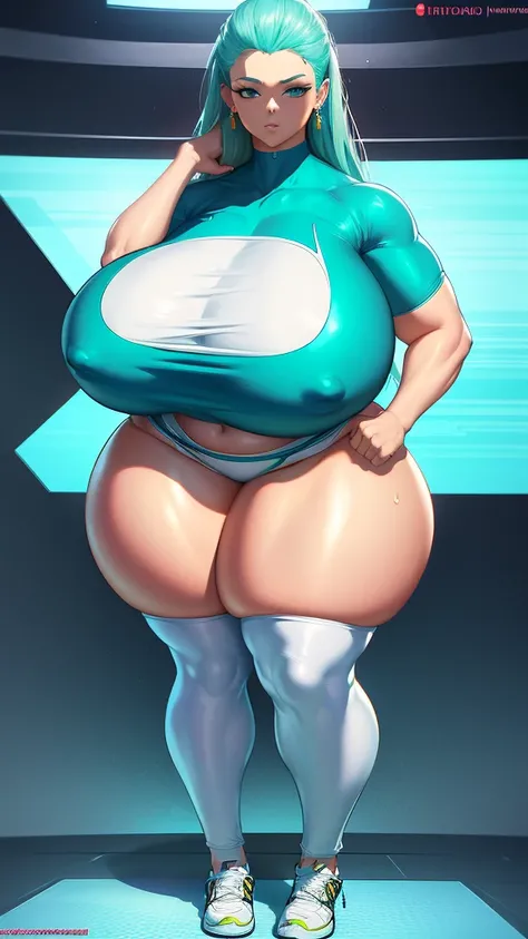 one  lady, milf woman, Gold earings, blue Sharp eyes, cyan hair, extremely large hairstyle, strong, firm body, thick thighs, big breasts, muscular arms, green casual clothes, sfw, sexy, full body, masterpiece, highly detailed, shiny clothes, latex, tall wo...