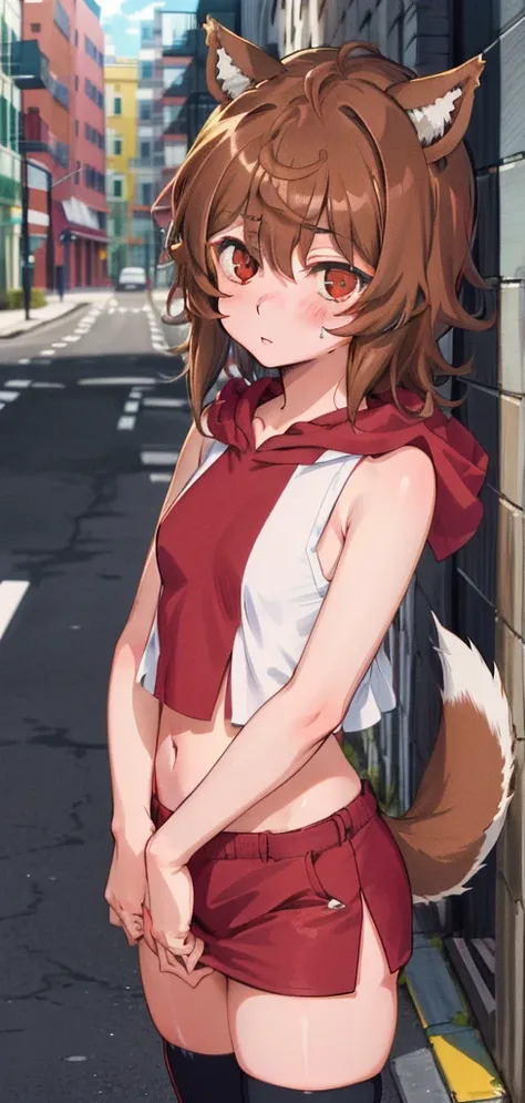 anime coloring,anime screencap,
1girl, solo, thighhighs, tail, animal ears, healthy skin, navel, brown hair, blush, sleeveless, dog ears, short hair, standing straight, (((ultra-detailed eyes, 20 years old, street, brown_eyes))).( Cowboy_shot).