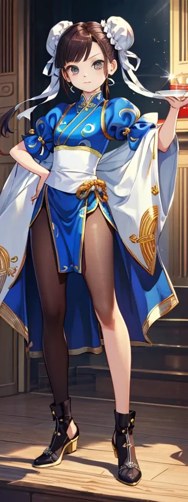 chun-li,((masterpiece)), ((best quality)), ((ultra detailed)), ((kawaii)), cute, (lovely), ((extremely detailed)), ((8K)), (beautiful),flat breast, tiny breast,full body