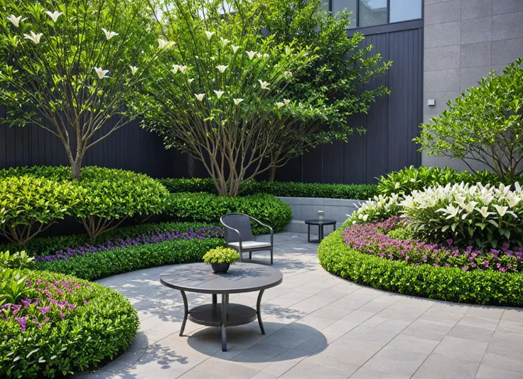 qlcd,tingyuan,modern landscaped courtyard,no humans,scenery,tree,outdoors,bench,flower,chair,plant,day,shadow,this picture shows...