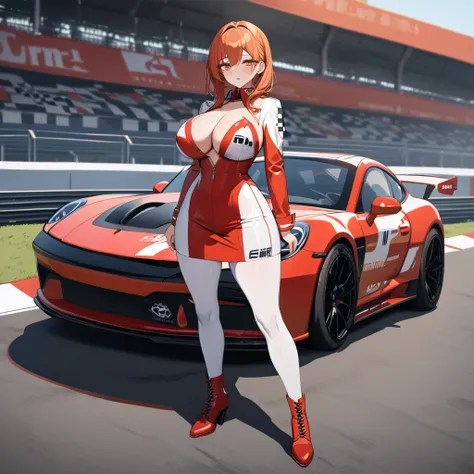 A woman wearing a race queen costume with white and red colors, orange red hair, orange eyes, purple eyes, big breasts, leather boots, next to a white race car with red details, standing, on the race track, perfect car. UHD , prime work , accurate , anatom...