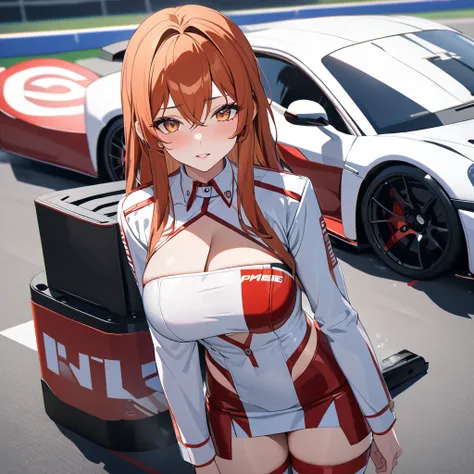 A woman wearing a race queen costume with white and red colors, orange red hair, orange eyes, purple eyes, big breasts, leather boots, next to a white race car with red details, standing, on the race track, perfect car. UHD , prime work , accurate , anatom...