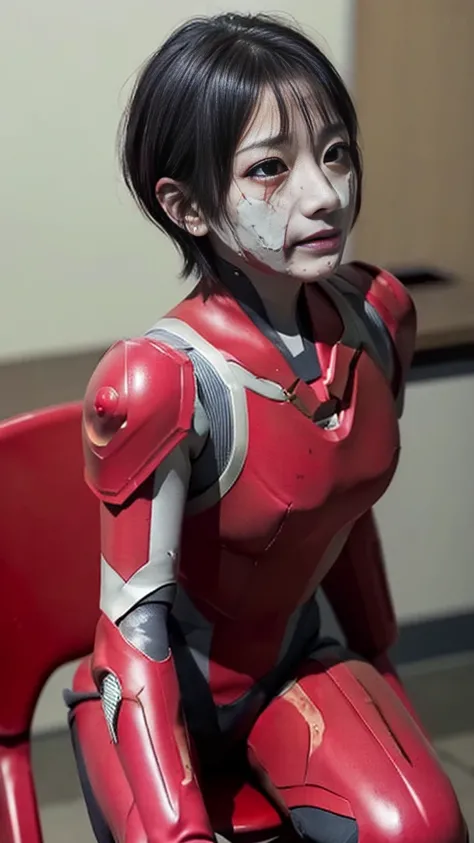 Rough skin, Very detailed, Advanced Details, high quality, 最high quality, High resolution, 1080P 、、Red Armor、Wearing red and black、cute((During a break))(Wearing a damaged female robot suit...)(Red Armor)(Broken Armor)Black Hair、、Soaking wet、Very short hai...