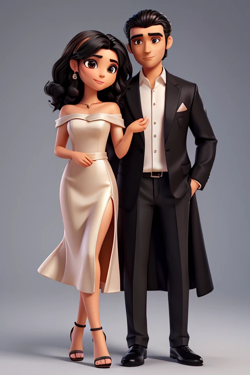 A woman in makeup with beautiful shoulder-length black hair with brown eyes wearing a beautiful long salmon-colored silk dress with high-heeled sandals and a man with black hair, black eyes, white suit, black shoes