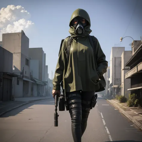 she is walking in middle of a street wearing a gas mask, abandon city with only one power nuclear plant in the distance but ther...