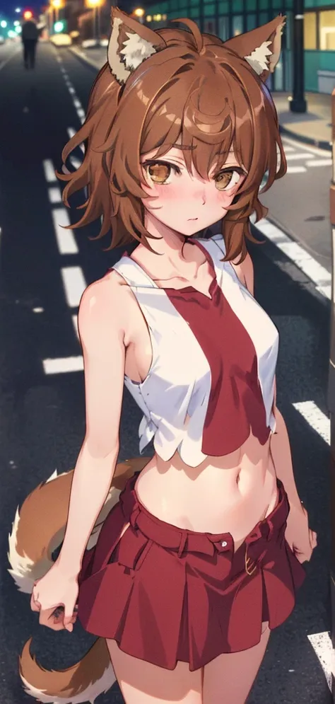 anime coloring,anime screencap,
1girl, solo, cropped tank top,  skirt, tail, animal ears, healthy skin, navel, brown hair, blush, sleeveless, dog ears, short hair, standing straight, (((ultra-detailed eyes, 20 years old, street, brown_eyes))).( Cowboy_shot...