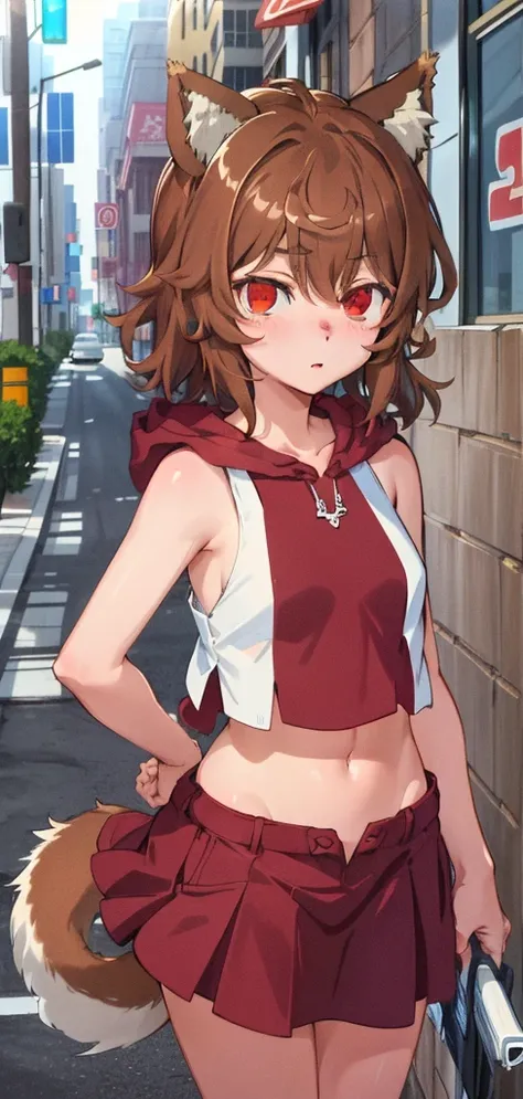 anime coloring,anime screencap,
1girl, solo, cropped tank top,  skirt, tail, animal ears, healthy skin, navel, brown hair, blush, sleeveless, dog ears, short hair, standing straight, (((ultra-detailed eyes, 20 years old, street, brown_eyes))).( Cowboy_shot...