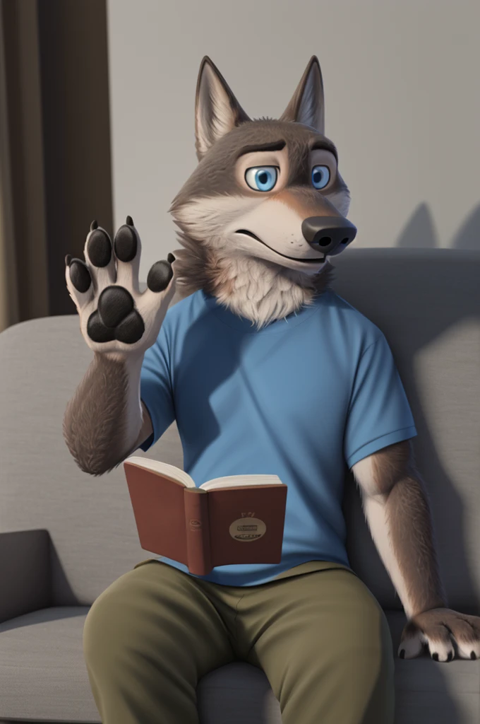 Larry (Zootopia), wolf, Gray Fur, (brown body:1.3), Blue eyes, Zootopia, dressed, t-shirt, pants, red thick-soled sandals,canine, wolf, detailed fur, male, antro, paw pads, finger claws, waving, waving at viewer, 5 fingers, paws, 4 toes,
BREAK from nextel,...