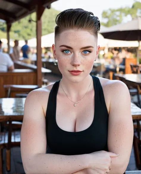 Muscular college girl with large breast and a large butt, blue eyes, pale skin, freckles and a nose piercing with a short slicked back men’s haircut with both sides of her head shaved wearing a tank top at an outdoor restaurant 