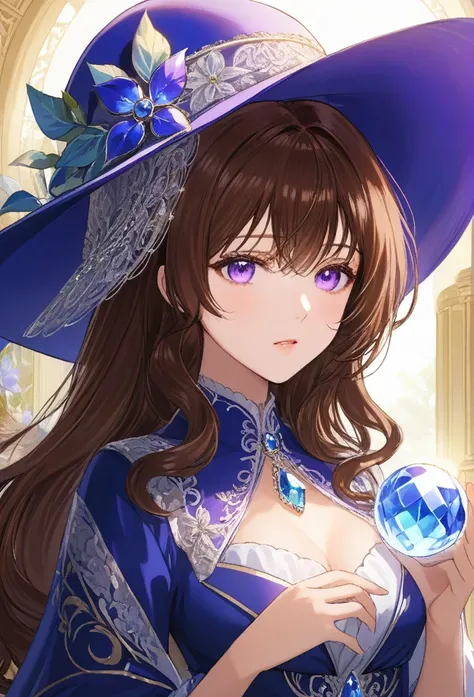 tmasterpiece，high resolution，((Magic Orb))，Dynamic bust of the beautiful aristocratic maiden，Elegantly Curled Chestnut Brown Hair，（(Wearing a huge blue hat))，purple clear Eyes，The hair is covered with a beautiful and delicate floral craftsmanship, crystal ...