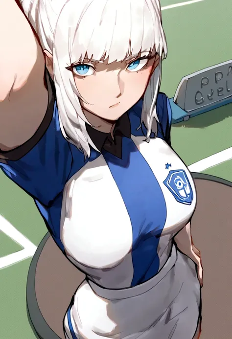 score_9, score_8_above, score_7_above, score_6_above, score_5_above, score_4_above, fountain_anime 1 girl,soccer player,clear skin,thin face ,blue eyes,black fur,wide,fringe,white hair strands,standard height,collected in a queue,medium breasts,small waist...