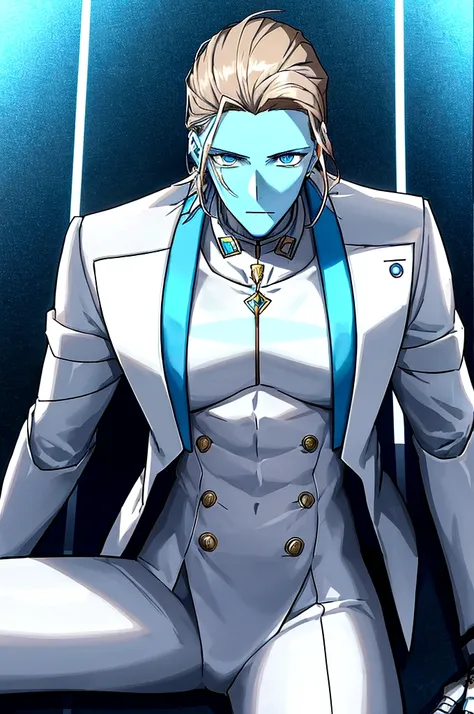 (masculine) (23 years) (a tall, slender young man with a muscular and toned body, His hair is light brown and is messy, covering his forehead., His eyes are blue and his skin is light-skinned..) (robotic body,  fitted white suit with neon light blue detail...