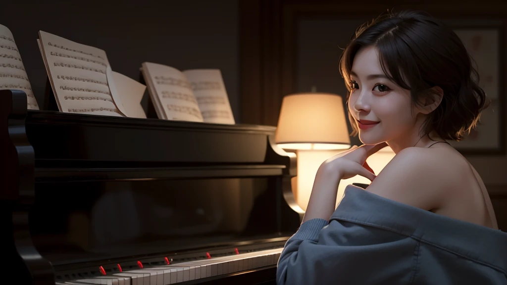 Best quality, masterpiece, ultra high res, (photorealistic:1.5), raw photo, 1girl, offshoulder, in the dark, deep shadow, low key, cold light, sexy look, short hair、Playing the piano in a restaurant with a beautiful night view、
smile