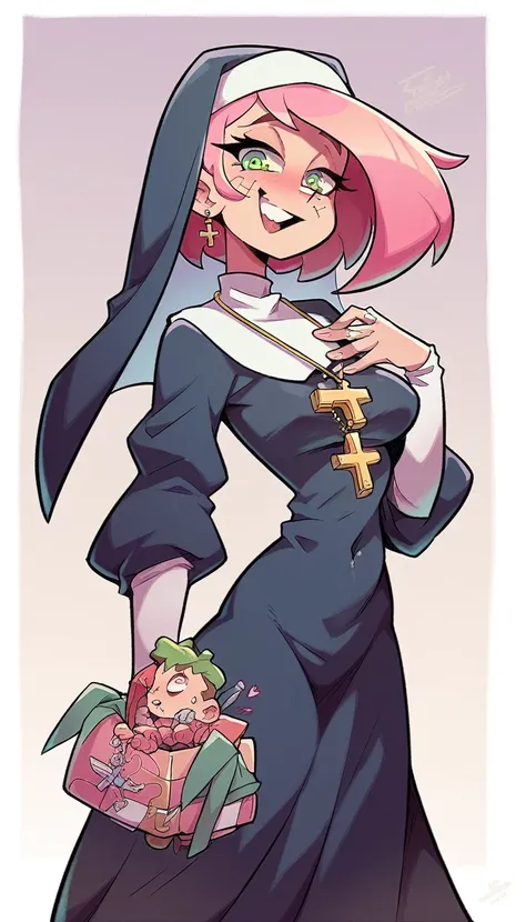  a beautiful intelligent nun girl long wavy pink hair her green eye she dresses nun long dress and a long black skirt she shows she recreates junk device a robotic side people applaud thank her