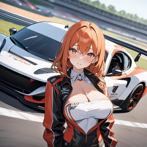 A woman wearing a race queen costume with white and red colors, orange red hair, orange eyes, purple eyes, big breasts, leather boots, next to a white race car with red details, standing, on the race track, perfect car. UHD , prime work , accurate , anatom...