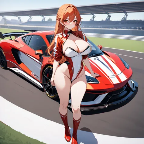 A woman wearing a race queen costume with white and red colors, orange red hair, orange eyes, purple eyes, big breasts, leather boots, next to a white race car with red details, standing, on the race track, perfect car. UHD , prime work , accurate , anatom...