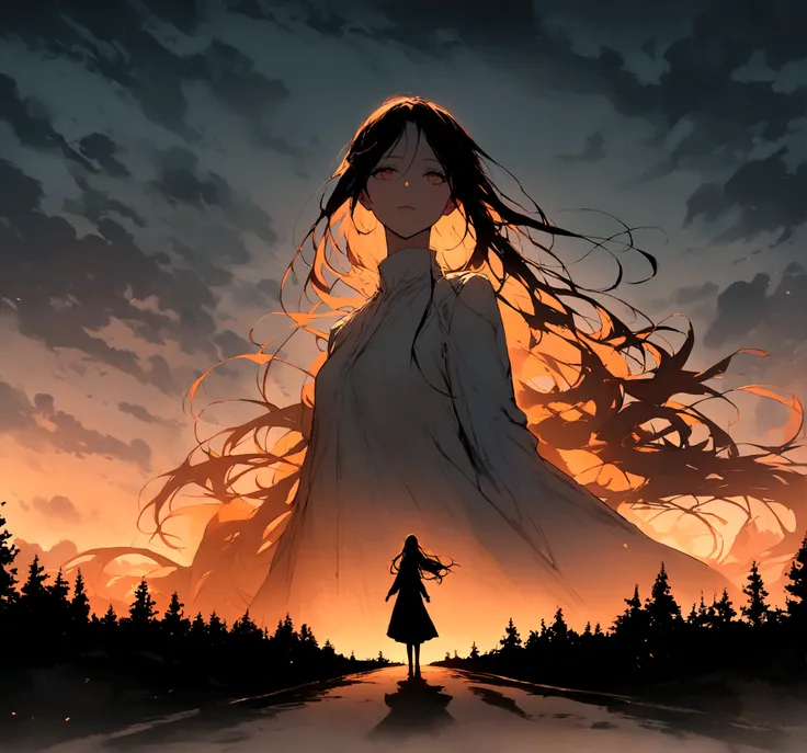 "Create an image of a woman dressed in white hitchhiking by the side of the road. She has long, flowing hair and a serene but mysterious expression. The scene is set at dusk, with the sky displaying hues of orange and purple. The road is deserted, surround...