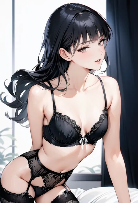 ((Top quality, masterpiece, freak, super resolution)), 1 girl, Japanese model,16 years old,Smooth black hair,A lady showcases a sultry (lace bra) in white with black floral lace and white ribbon embellishments. The bra features a deep V-cut neckline. She p...