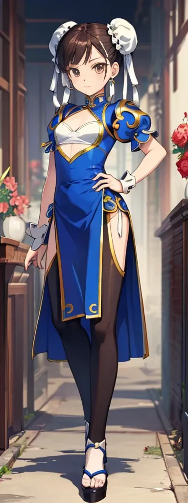 chun-li,((masterpiece)), ((best quality)), ((ultra detailed)), ((kawaii)), cute, (lovely), ((extremely detailed)), ((8K)), (beautiful),flat breast, tiny breast,full body