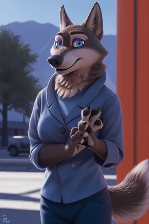 emilia (zootopia), wolf, gray fur, (brown body:1.3), blue eyes, zootopia, makeup,lipstick, dressed,blue blue jacket,shirt,blue p...