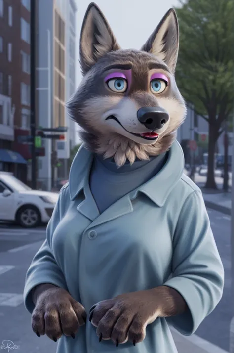 Emilia (Zootopia), wolf, Gray Fur, (brown body:1.3), Blue eyes, Zootopia, makeup,lipstick, dressed,blue blue jacket,shirt,blue pants,female breast,canine, Wolf, Detailed fur, Female, antro, paw pads, finger claws, At the viewer, 5 fingers, paws, 5 fingers,...