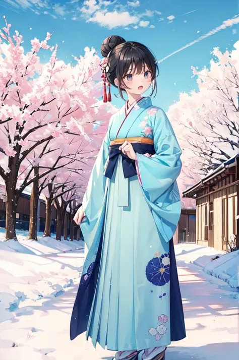 (best quality:1.2), masterpiece,Japanese cartoons,Kawaii,A 20-year-old female,Lovely,Ultra-fine face,Delicate eyes,Delicate nose,blush,open mouth,Long eyelashes,Happy,Black Hair,Bangs,Hair Bun,Dark blue stardust pattern kimono,The same is true for beige,St...