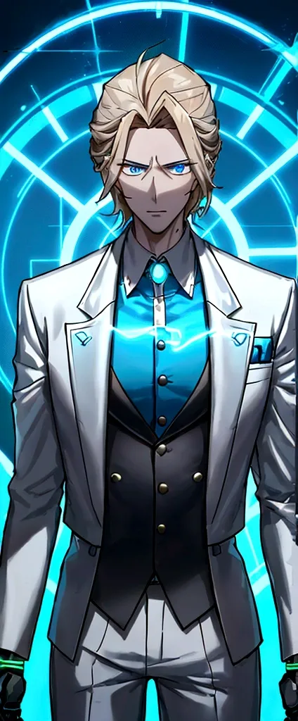 (masculine) (23 years) (a tall, slender young man with a muscular and toned body, His hair is light brown and is messy, covering his forehead., His eyes are blue and his skin is light-skinned..) (robotic body, fitted white suit with neon light blue details...