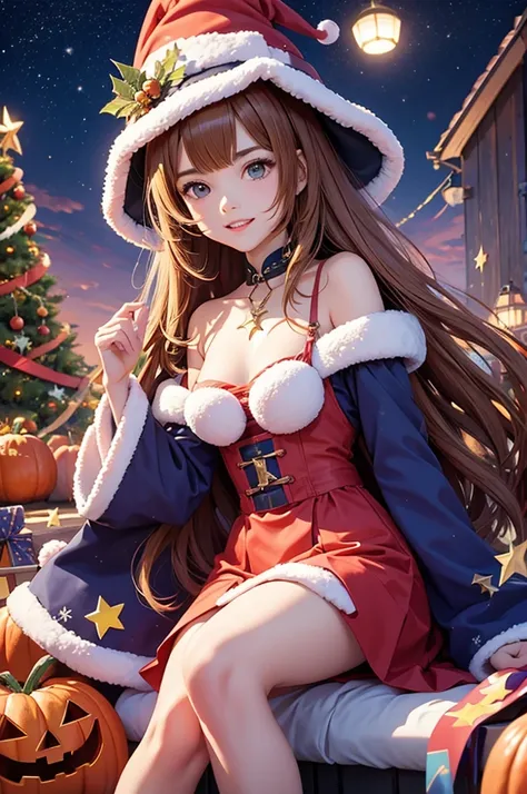 The anime-style event image beautifully blends Christmas and Halloween elements.。In the center of the image is the、The Christmas tree is standing、Colourful Halloween decorations。Around the tree、There are lots of cute anime characters、They are happily excha...