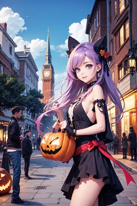 The anime-style event image beautifully blends Christmas and Halloween elements.。In the center of the image is the、The Christmas tree is standing、Colourful Halloween decorations。Around the tree、There are lots of cute anime characters、They are happily excha...