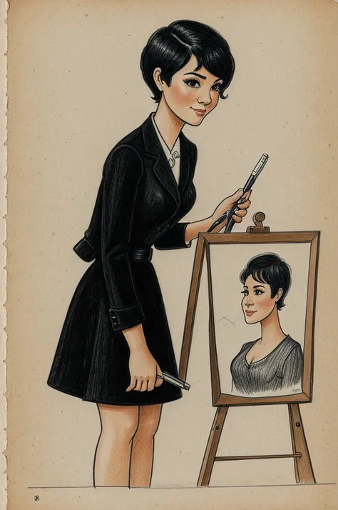 A caricature of a woman with short black hair standing and drawing a picture.