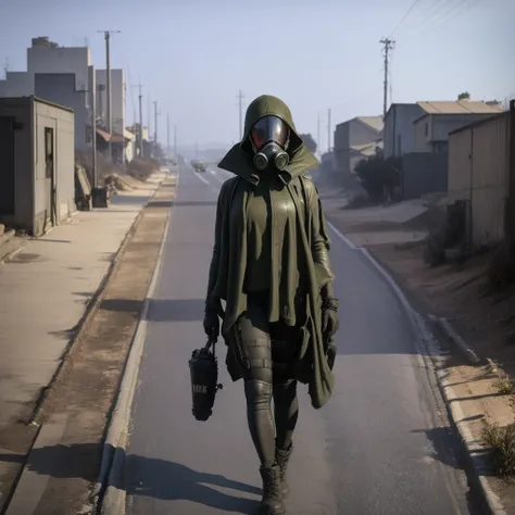 she is walking in middle of a street wearing a gas mask, abandon city with only one power nuclear plant in the distance but ther...