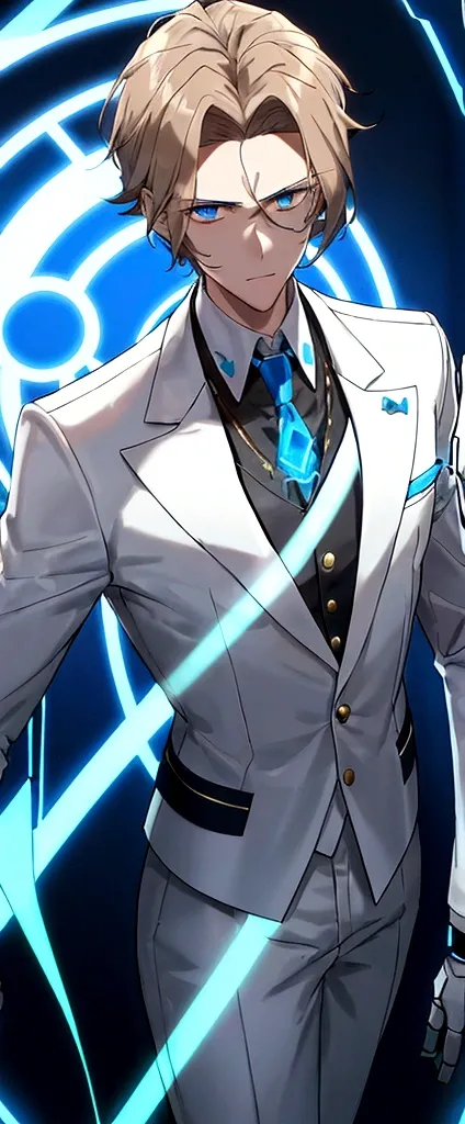 (masculine) (23 years) (a tall, slender young man with a muscular and toned body, His hair is light brown and is messy, covering his forehead., His eyes are blue and his skin is light-skinned..) (robotic body, fitted white suit with neon light blue details...