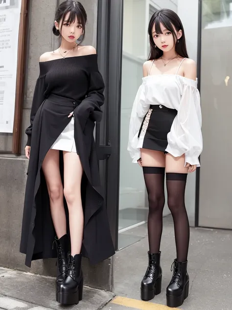 ピクシーカット、slender beautiful girl、10th generation、see-through shirt、off shoulder、high west simple skirt、 black knee socks、platform ...