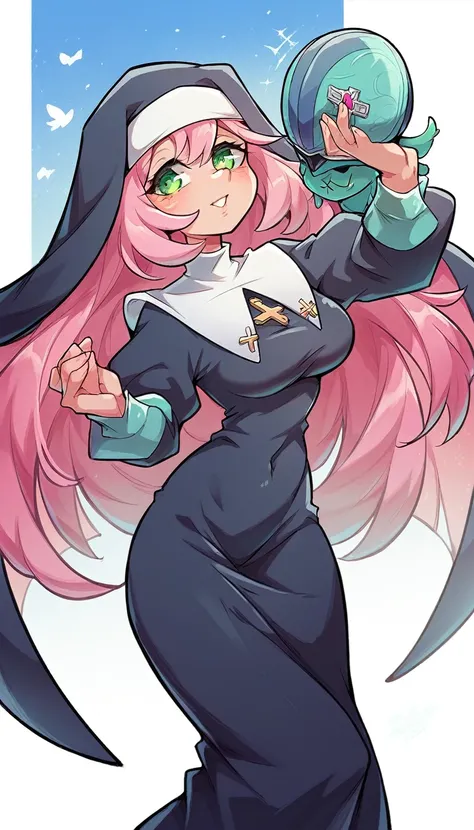 a girl cyber nun beautiful intelligent long pink hair wavy her green eye wearing virtual lens blue helmet micro dresses nun long dress and a long black skirt she shows digital hand