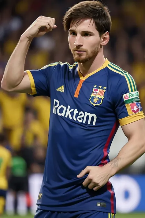 A photograph of the football player Messi dressed in the Brazilian national team shirt 