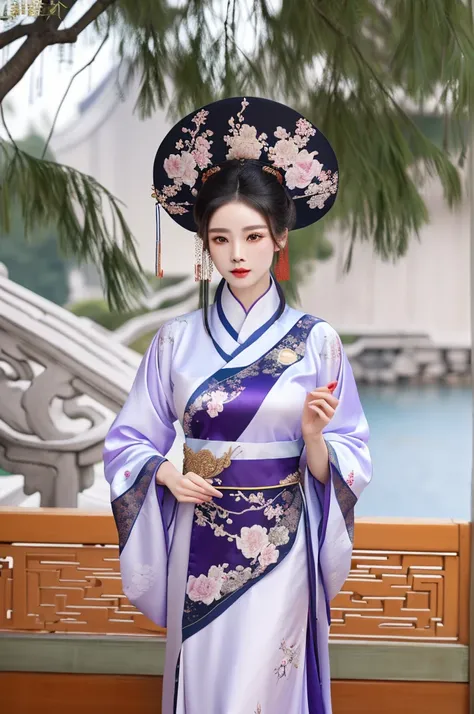 A beautiful woman wearing a purple dress and hat, detailed portrait, Chinese imperial palace, girl in hanfu, Chinese ancient dress, Qing dynasty, Chinese empress, Chinese traditional clothing, Chinese princess, ancient Chinese dress, wearing luxurious silk...