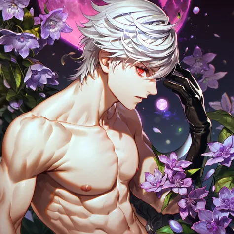 absurdres, highres, ultra detailed, HDR, master piece, best quality, Eve, white hair, expressive red eyes, Nier Automata, solo, sexy man, handsome, bare chest, toned chest, black gloves, fantasy, purple moon, purple flowers, purple blossoms, purple petals,...