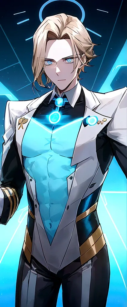 (masculine) (23 years) (a tall, slender young man with a muscular and toned body, His hair is light brown and is messy, covering his forehead., His eyes are blue and his skin is light-skinned..) (robotic body, fitted white suit with neon light blue details...