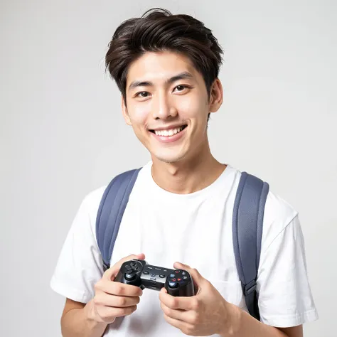 male　youth　university student　japanese　a refreshing look　holding a game controller in hand　looking at the camera　smile　wide angl...