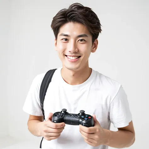 male　youth　university student　japanese　a refreshing look　holding a game controller in hand　looking at the camera　smile　wide angl...