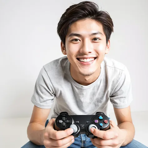 male　youth　university student　japanese　a refreshing look　holding a game controller in hand　looking at the camera　smile　wide angl...